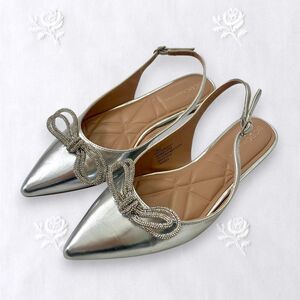 BCBGeneration Kristin Flat Coquette Preppy Silver Slingback Bow Ballerinas 7.5